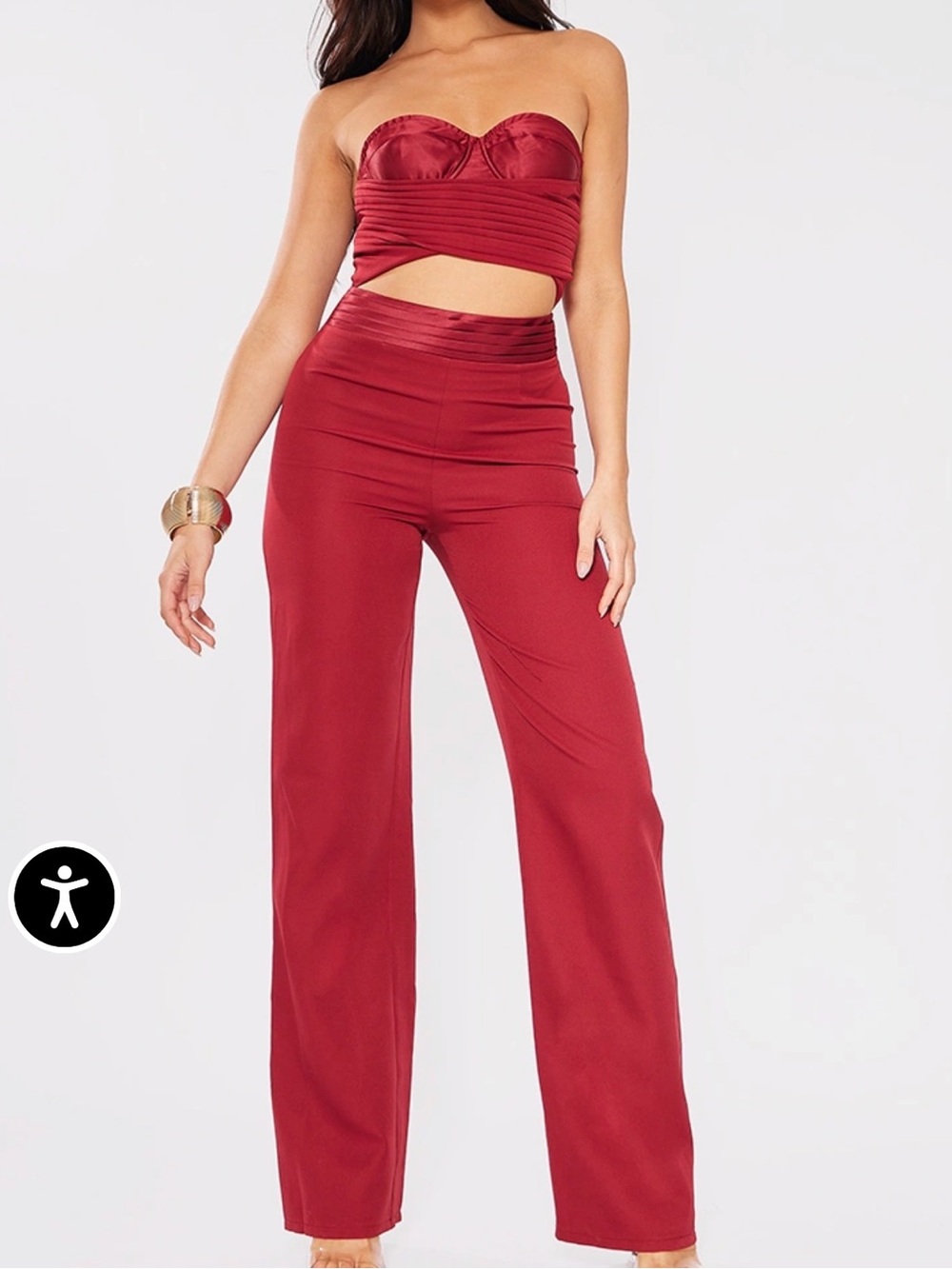 PrettyLittleThing Strapless Burgundy Wide-Leg Jumpsuit